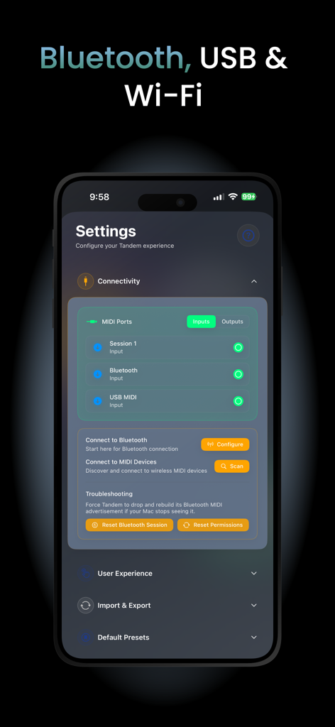 Tandem MIDI Canvas - Configurações de conectividade do Tandem MIDI Canvas para conexões Bluetooth, USB e Wi-Fi