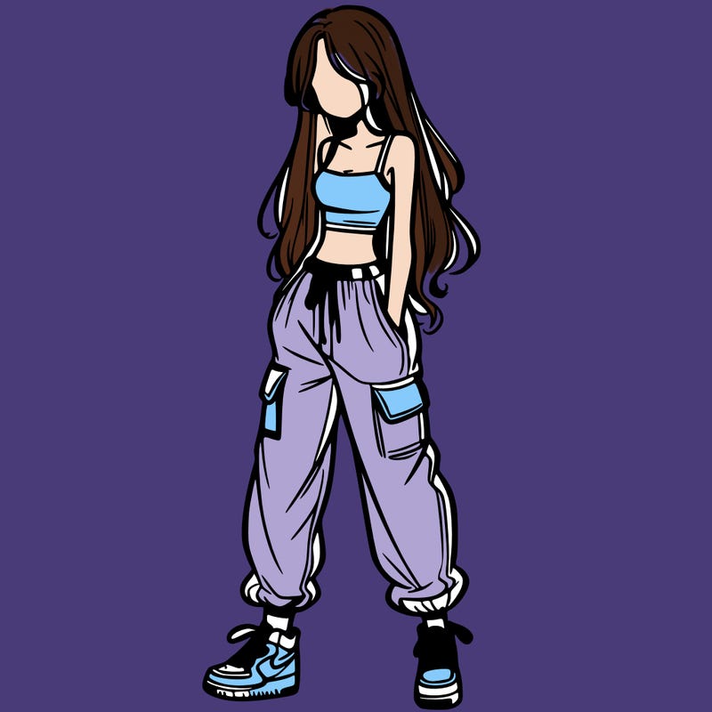 girl in baggy pants crop top and long hair