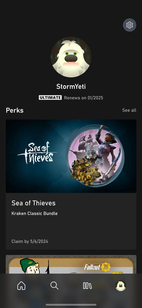 Xbox Game Pass - Xbox Game Pass app profile page showing user account details and available member perks like the Sea of Thieves bundle.