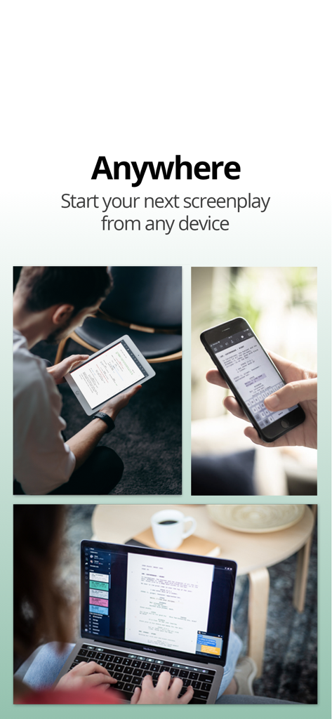 WriterDuet - WriterDuet app displayed on a smartphone, tablet, and laptop for seamless screenwriting across all devices.