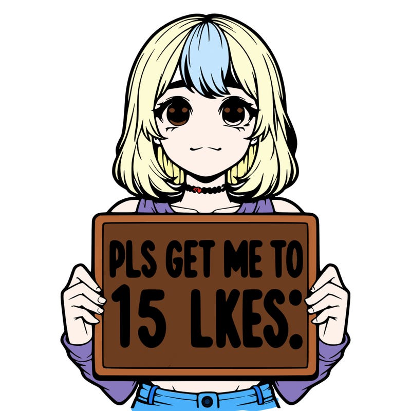 realistic girl holding up a sign that says “pls get me to 15 likes!”
