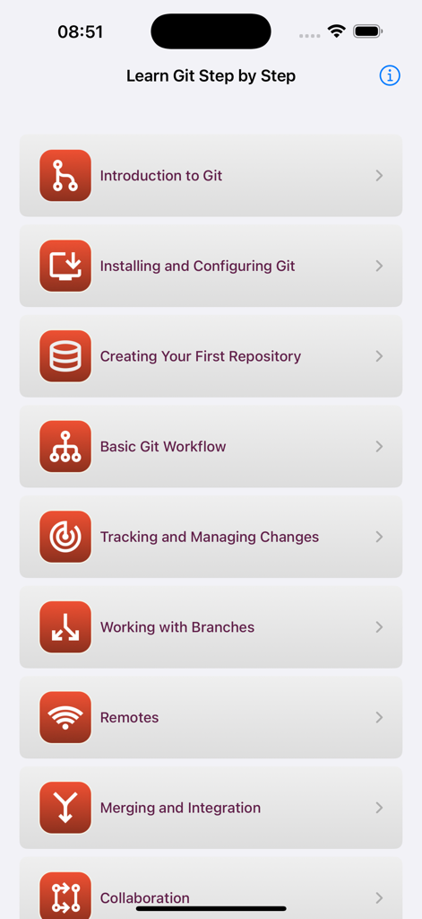 Main menu of the Learn Git Step by Step app displaying a list of Git tutorial chapters