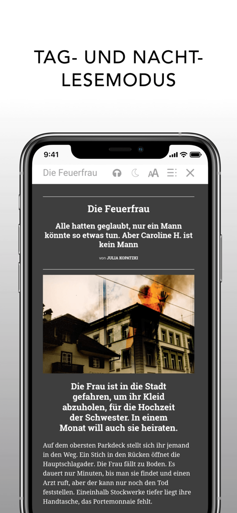 Smartphone che mostra un articolo di vera criminalità nell'app stern Crime Magazin utilizzando la modalità notturna