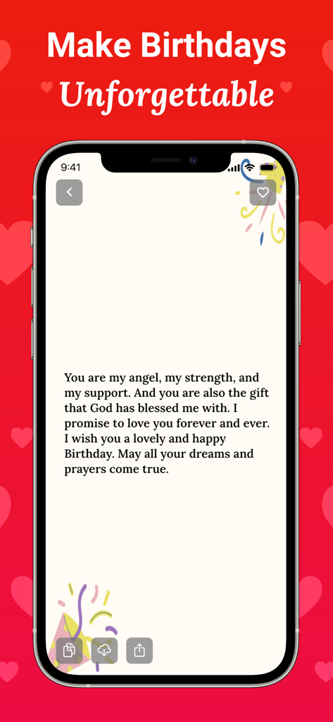 A smartphone displaying a romantic birthday letter with festive decorations on a white card background.