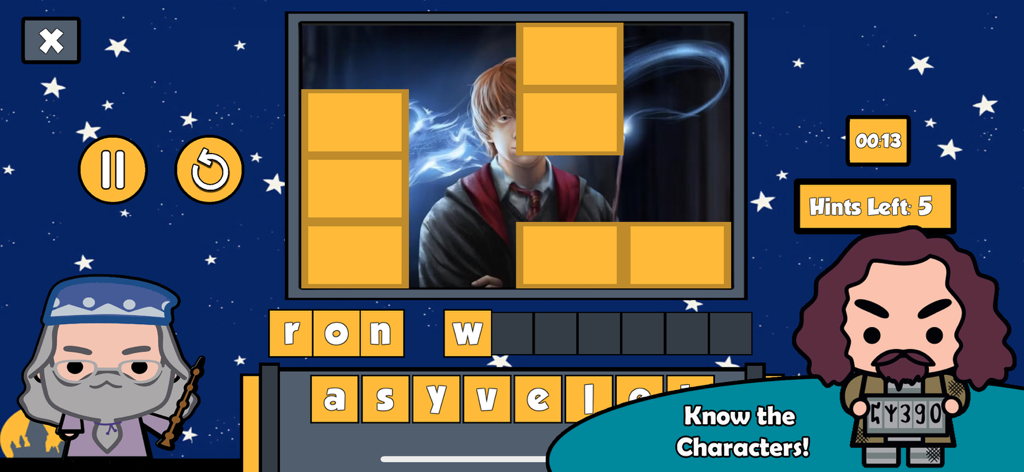 HP Wizarding Quiz - Pantalla de un juego de puzzle de palabras en Cuestionario de Magos HP donde los jugadores deletrean el nombre Ron Weasley