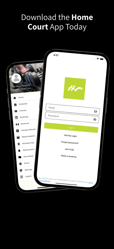 Home Court - Tela de login e menu lateral do aplicativo de gerenciamento de fitness Home Court em telefones celulares.