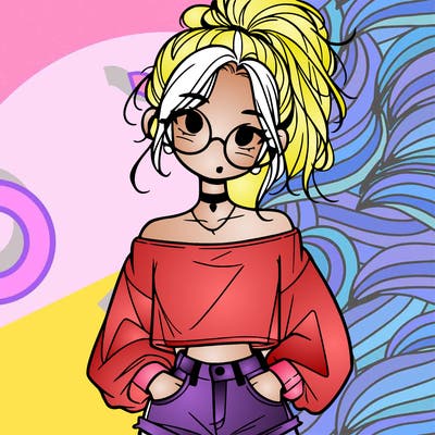 girl with a messy ponytail glasses a baggy crop top and jean shorts