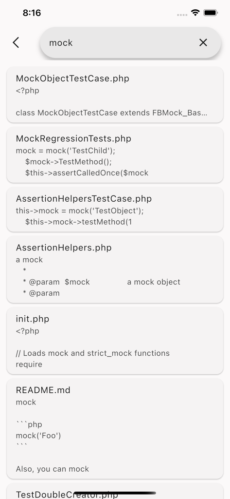 Codiscover: Code Browser - Interface móvel mostrando resultados de busca de texto completo para a palavra-chave mock no navegador de código Codiscover.