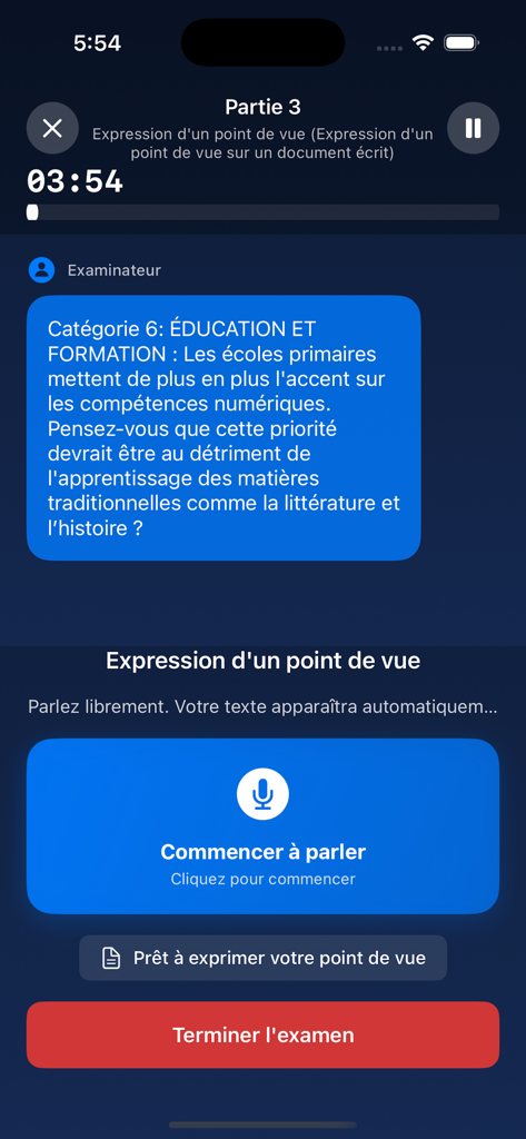 Interfaz de la aplicación TCF Canada Speaking Test Coach para la simulación de la parte 3 del examen oral con un examinador de IA