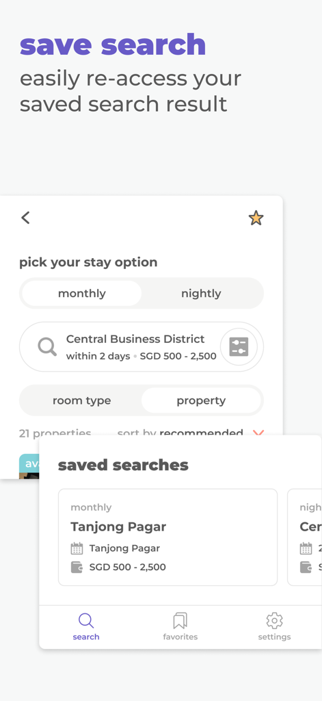 Cove: Co-living & Apartments - アパートの物件検索結果を保存して再アクセスする方法を示すCoveアプリのインターフェース