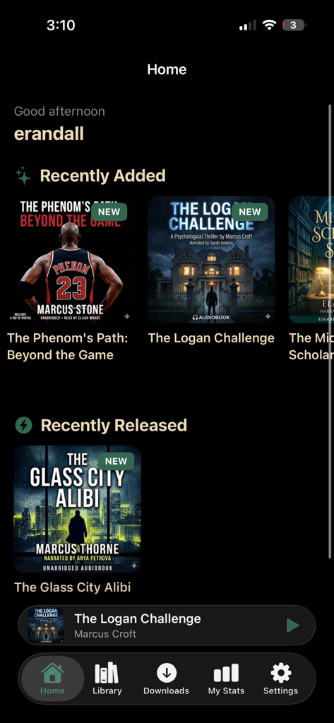 Audra Books - Audra Books app home screen showing recently added and released audiobooks in a dark themed interface