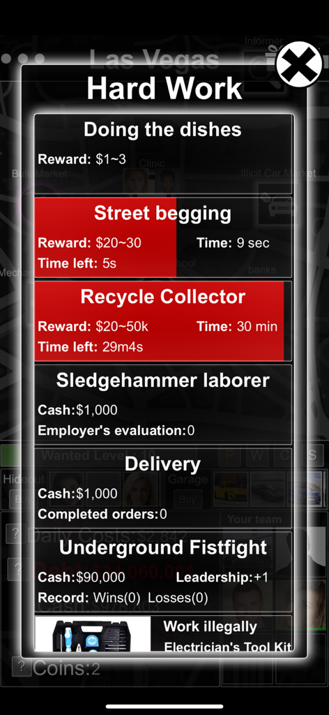 Crime Life Simulator -Text GTA - A menu in the Crime Life Simulator app showing various jobs to earn cash including street begging and underground fistfights