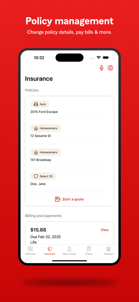 State Farm® - Mobile screen of the State Farm app showing auto and homeowners insurance policies and a billing summary