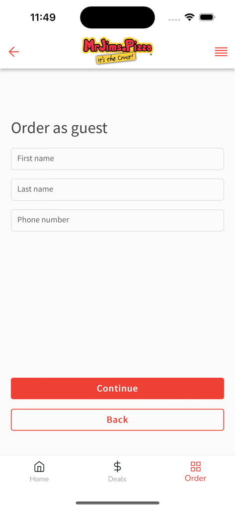 MrJims.Pizza - Écran de commande invité sur l'application mobile MrJims Pizza avec des champs pour le nom et le numéro de téléphone.