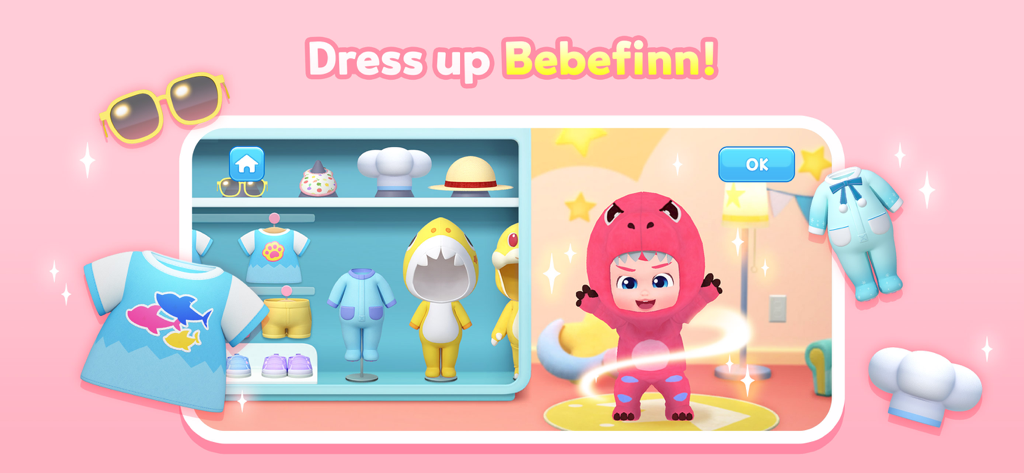 Personaje de Bebefinn con un traje de dinosaurio rosa eligiendo atuendos de un armario en un juego para niños