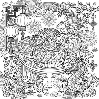 Delight in the intricate beauty of this Lunar New Year coloring page, showcasing deliciously decorated peach pies amidst a tapestry of festive symbols. Immerse yourself in a cultural celebration, ready for your creative touch.