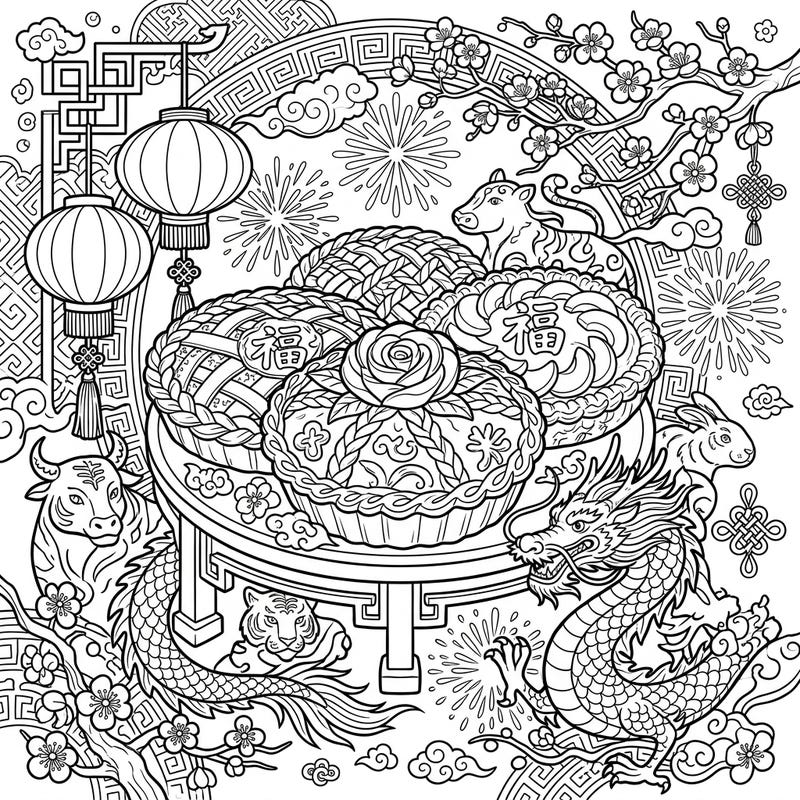 Delight in the intricate beauty of this Lunar New Year coloring page, showcasing deliciously decorated peach pies amidst a tapestry of festive symbols. Immerse yourself in a cultural celebration, ready for your creative touch.
