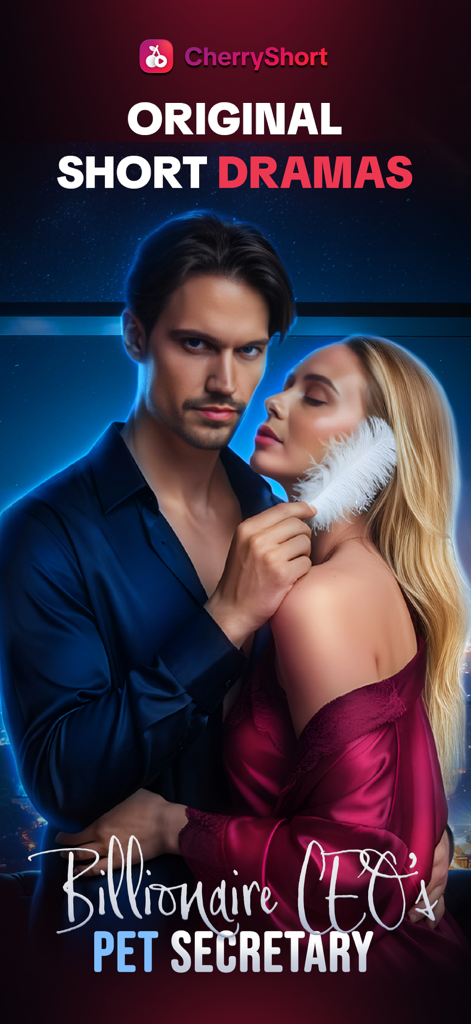 CherryShort: Short Dramas - A man in a blue shirt holds a white feather to a woman in a red silk robe for the short drama Billionaire CEO's Pet Secretary on the CherryShort app.