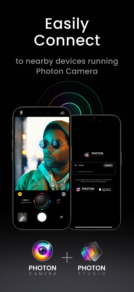 Photon Studio - Dos iPhones mostrando la interfaz de conexión entre Photon Camera y Photon Studio para flujos de trabajo de fotografía profesional