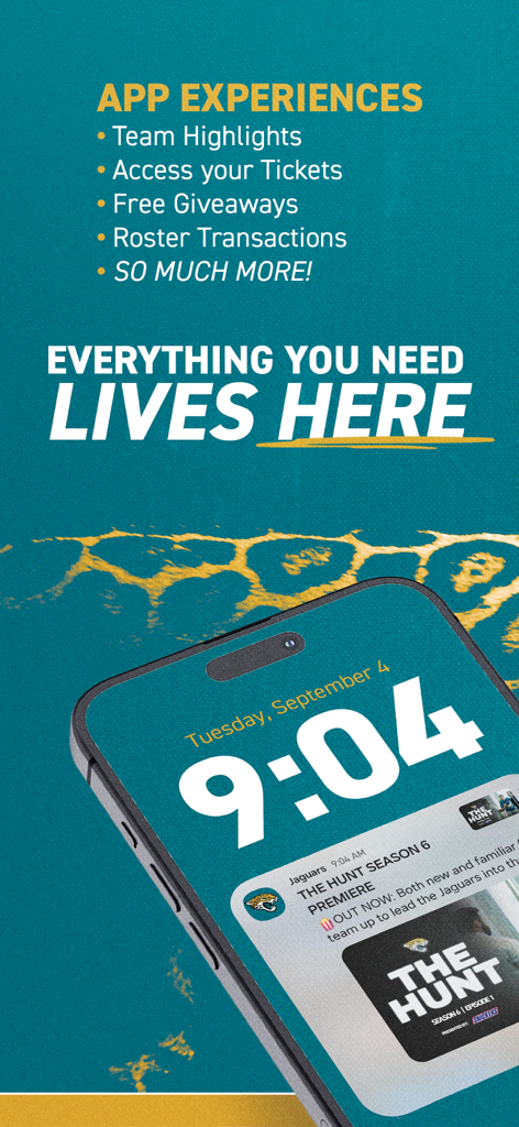 Official Jacksonville Jaguars - Official Jacksonville Jaguars app promotional screen highlighting team highlights, mobile tickets, and exclusive giveaways.
