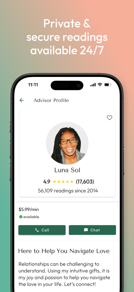 Advisor profile page in the Keen app featuring psychic Luna Sol with rating and contact options