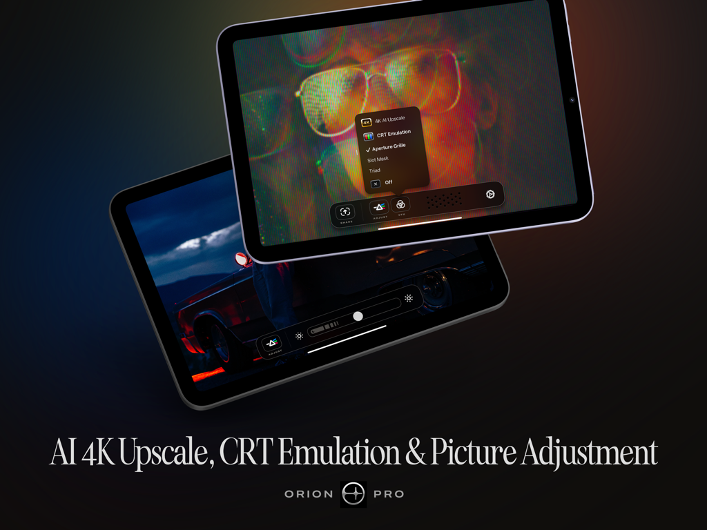 Orion Pro-Funktionen auf dem iPad, einschließlich KI-4K-Upscaling und CRT-Emulation.