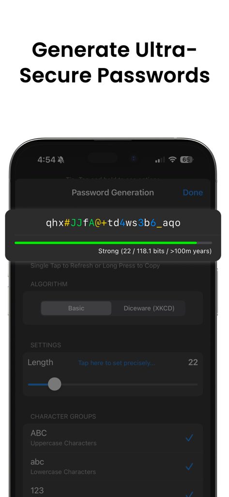 Strongbox - Password Manager - Interface de l'application Strongbox montrant la génération d'un mot de passe ultra-sécurisé et complexe