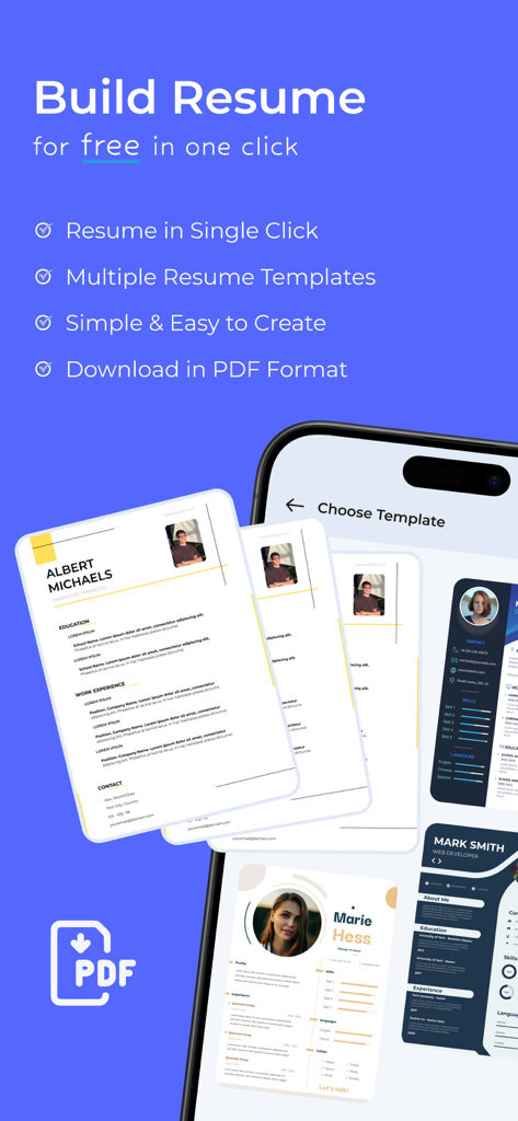 Resume Maker: CV Builder - Interfaz de la aplicación móvil que muestra varias plantillas de currículum profesionales con una función de descarga de PDF