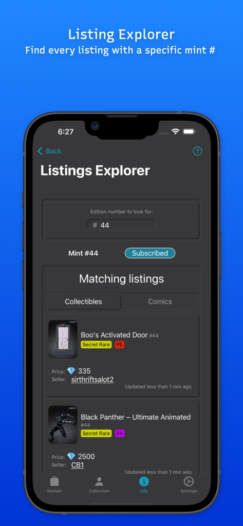 VaultValue - VaultValue app Listing Explorer interface for finding specific mint numbers in the VeVe marketplace.