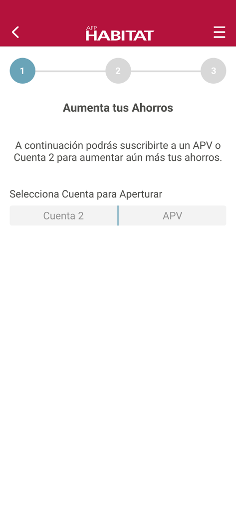 Pantalla de la aplicación AFP Habitat que muestra opciones para abrir una cuenta de ahorro APV o Cuenta 2.