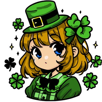 a manga-style girl with clovers around her, a little hat in her hair, like it's saint patrick's day