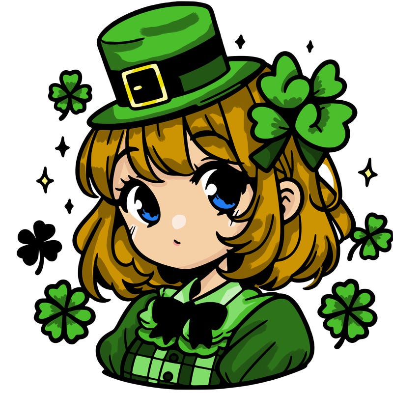 a manga-style girl with clovers around her, a little hat in her hair, like it's saint patrick's day