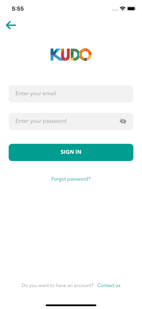 KUDO Live - KUDO Live mobile app login screen with email and password fields