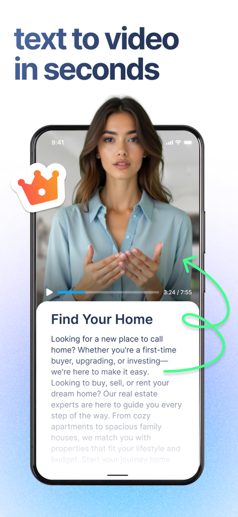 BIGVU Teleprompter Captions AI - Interfaz de la aplicación BIGVU que muestra un guion de video inmobiliario siendo convertido en una presentación de video profesional