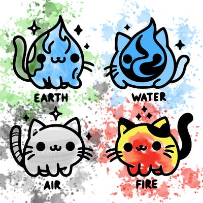 4 cats that represent the different elements, earth, water, air, and fire