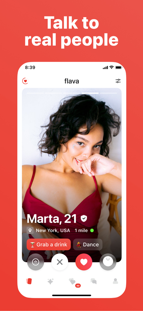 Screenshot dell'app di incontri Flava che mostra il profilo di una giovane donna di nome Marta a New York con opzioni di incontro.