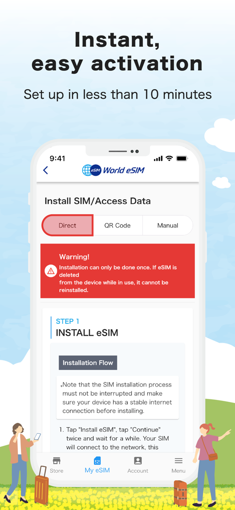 Oberfläche der World-eSIM App, die schrittweise Anleitungen zur sofortigen eSIM-Aktivierung und -Installation zeigt