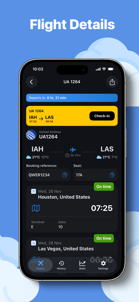 OnlyFlights - Flight Tracker - OnlyFlightsアプリの詳細フライト追跡ビューに、ゲート、ターミナル、リアルタイムステータス更新が表示されています