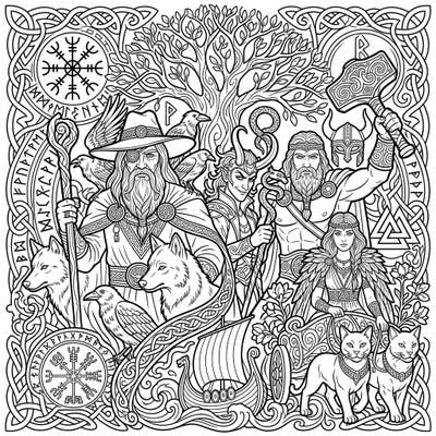 Dive into the mythical realms of Asgard with this stunning Norse Gods & Goddesses coloring page. Featuring iconic figures like Odin, Thor, Loki, and Freya, this intricate design invites you to bring ancient legends to life with your colors.