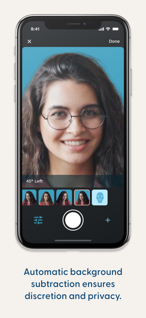 ImageAssist app interface showing automatic background subtraction on a clinical portrait for patient privacy