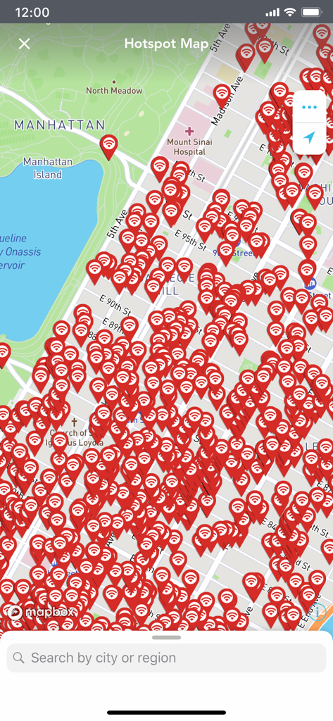 Captura de pantalla de la aplicación Boingo Wi-Finder que muestra un mapa de numerosos puntos de acceso Wi-Fi en Manhattan, Nueva York