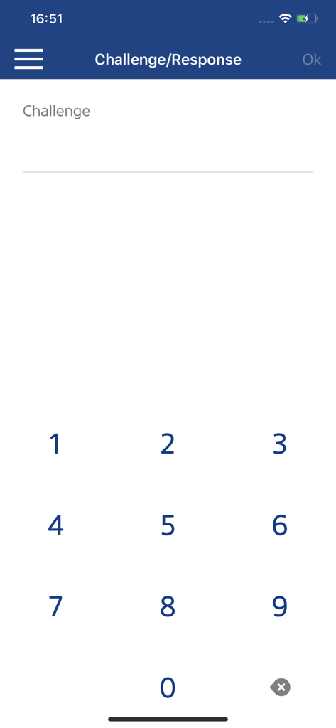 UCB m-Token app authentication screen showing a challenge input field and numeric keypad
