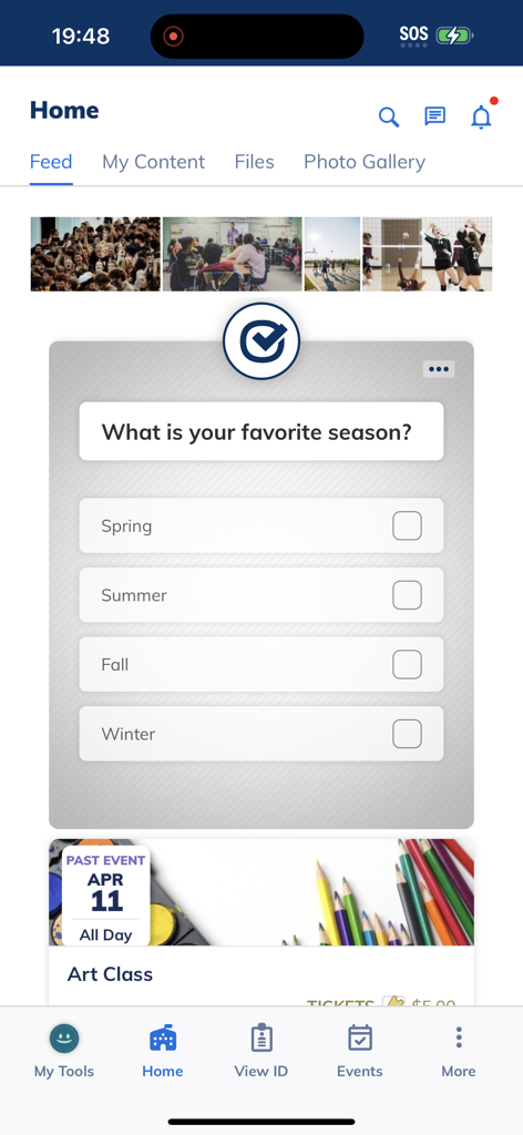 Minga school management app home screen displaying a community poll and event feed
