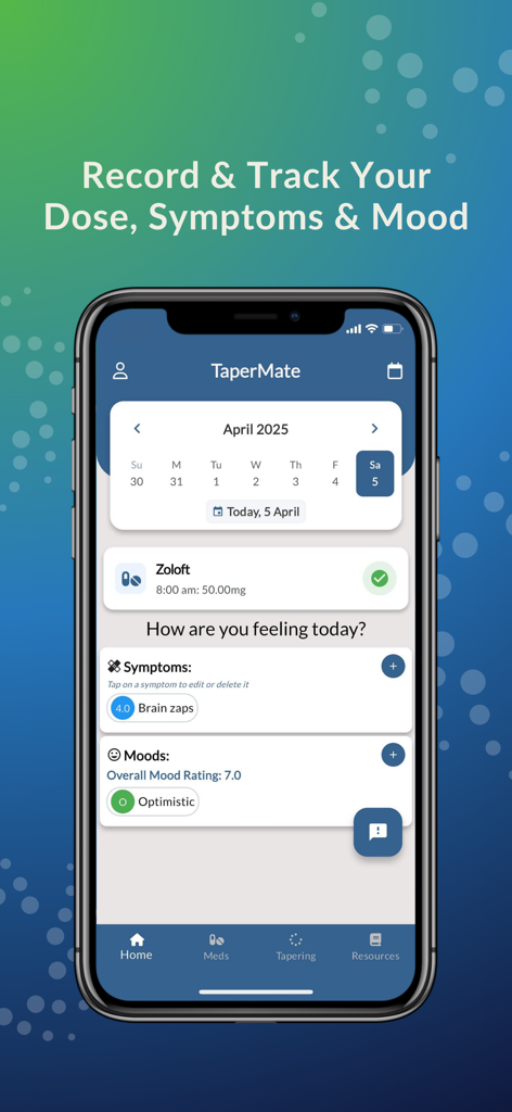 TaperMate - A screenshot of the TaperMate app showing a daily log for medication dosage, withdrawal symptoms like brain zaps, and mood tracking.