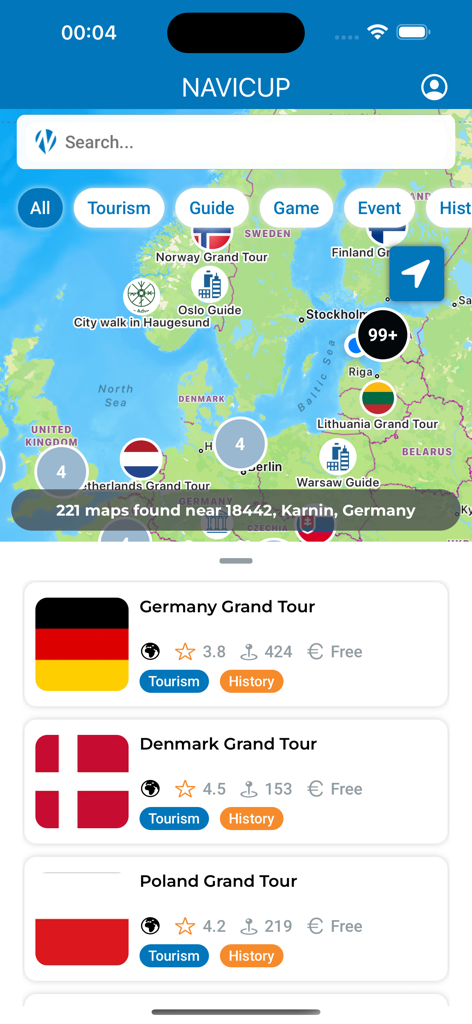 NaviCup - NaviCup app interface showing a map of Europe with interactive tour pins and a scrollable list of grand tours