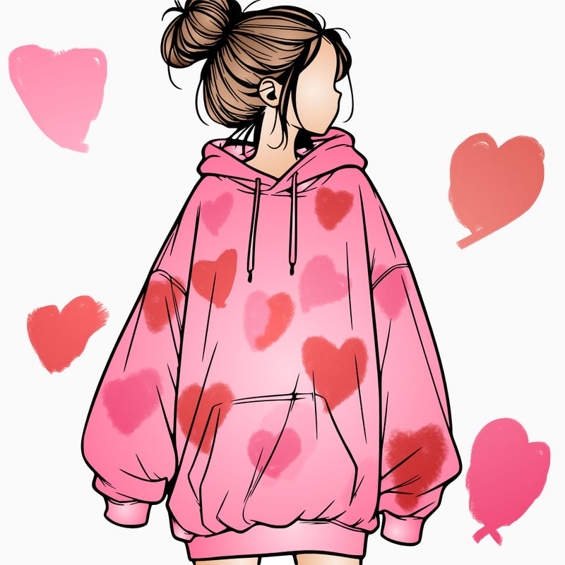realistic girl with a oversized sweatshirt on and a bun
