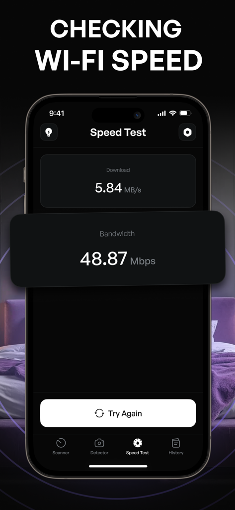 Camera Detector: AI Analyzer - 帯域幅とダウンロードメトリックを含むWi-Fiスピードテストの結果を示すスマートフォンの画面。