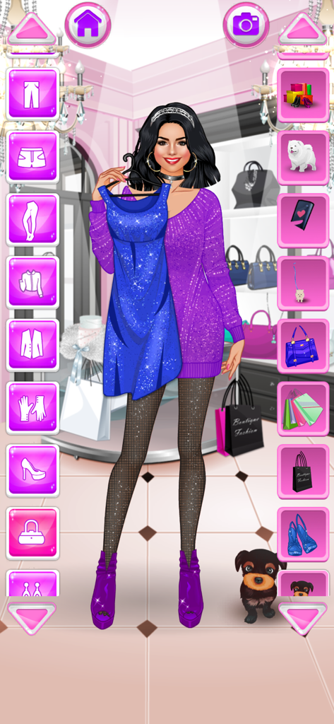 Dress Up for Girls: Star Doll - Virtual girl avatar holding a blue sparkly dress in a luxury closet with her puppy