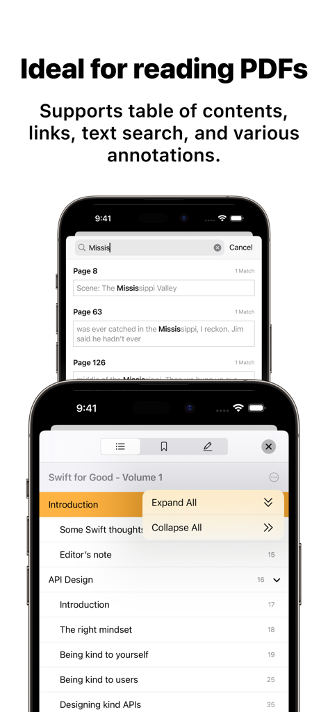 Booklover - eBook Reader - Booklover app showing PDF text search results and an interactive table of contents on a smartphone