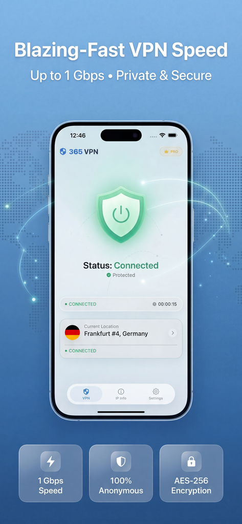 고속 및 암호화 기능을 갖춘 보안 연결을 보여주는 365VPN 앱 인터페이스